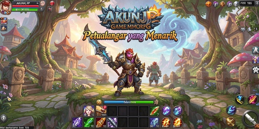Screenshot gameplay AKUNJP menampilkan pertempuran seru di dunia fantasi.