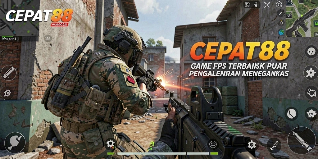 Screenshot utama CEPAT88 menunjukkan aksi intens dalam pertempuran FPS.