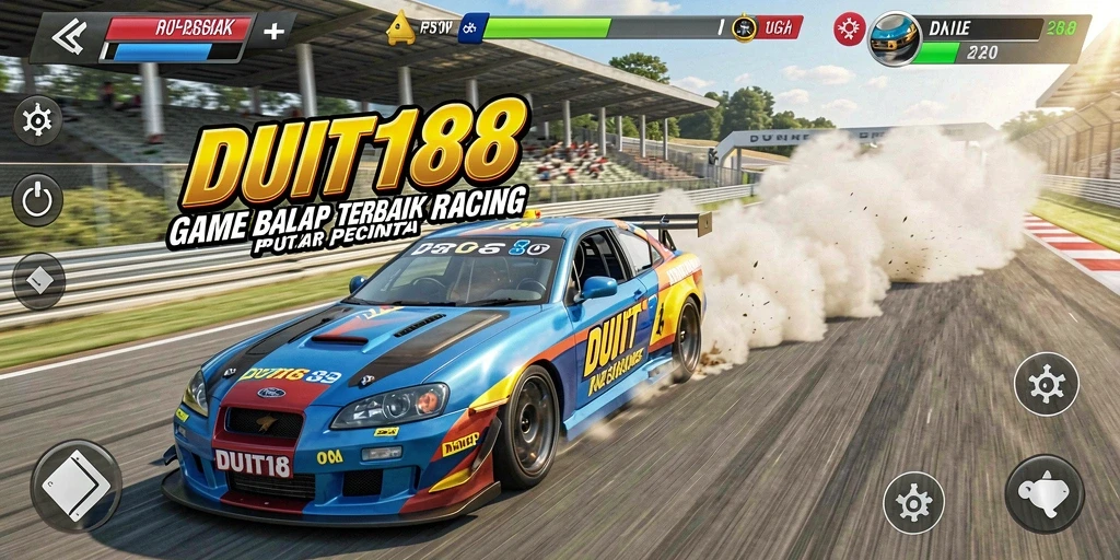 Screenshot gameplay DUIT188 menunjukkan aksi balap yang mendebarkan dan mobil yang keren.