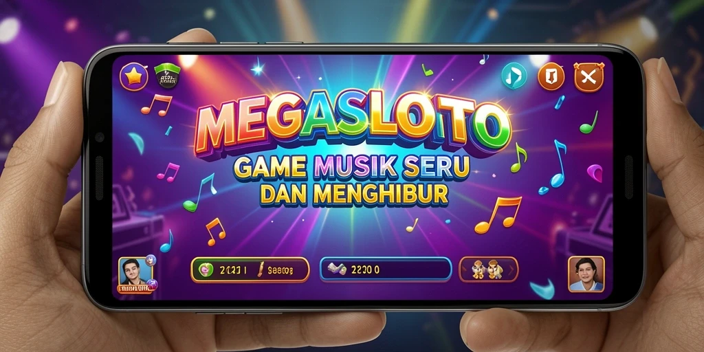 Tampilan gameplay MEGASLOTO yang penuh warna dan musik menarik.