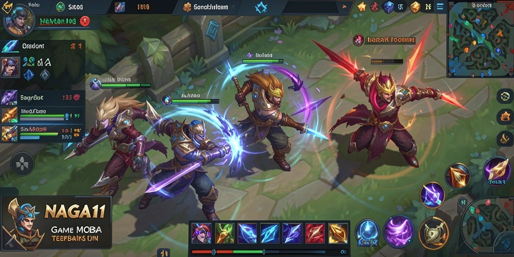 Screenshot gameplay NAGA11 menampilkan pertarungan seru di arena MOBA.