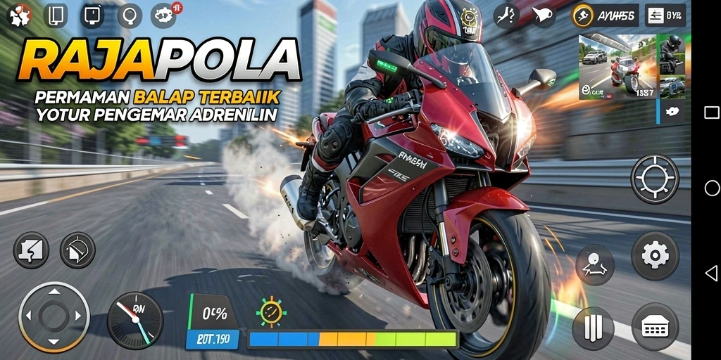Screenshot gameplay RAJAPOLA menunjukkan aksi balap motor yang mendebarkan.